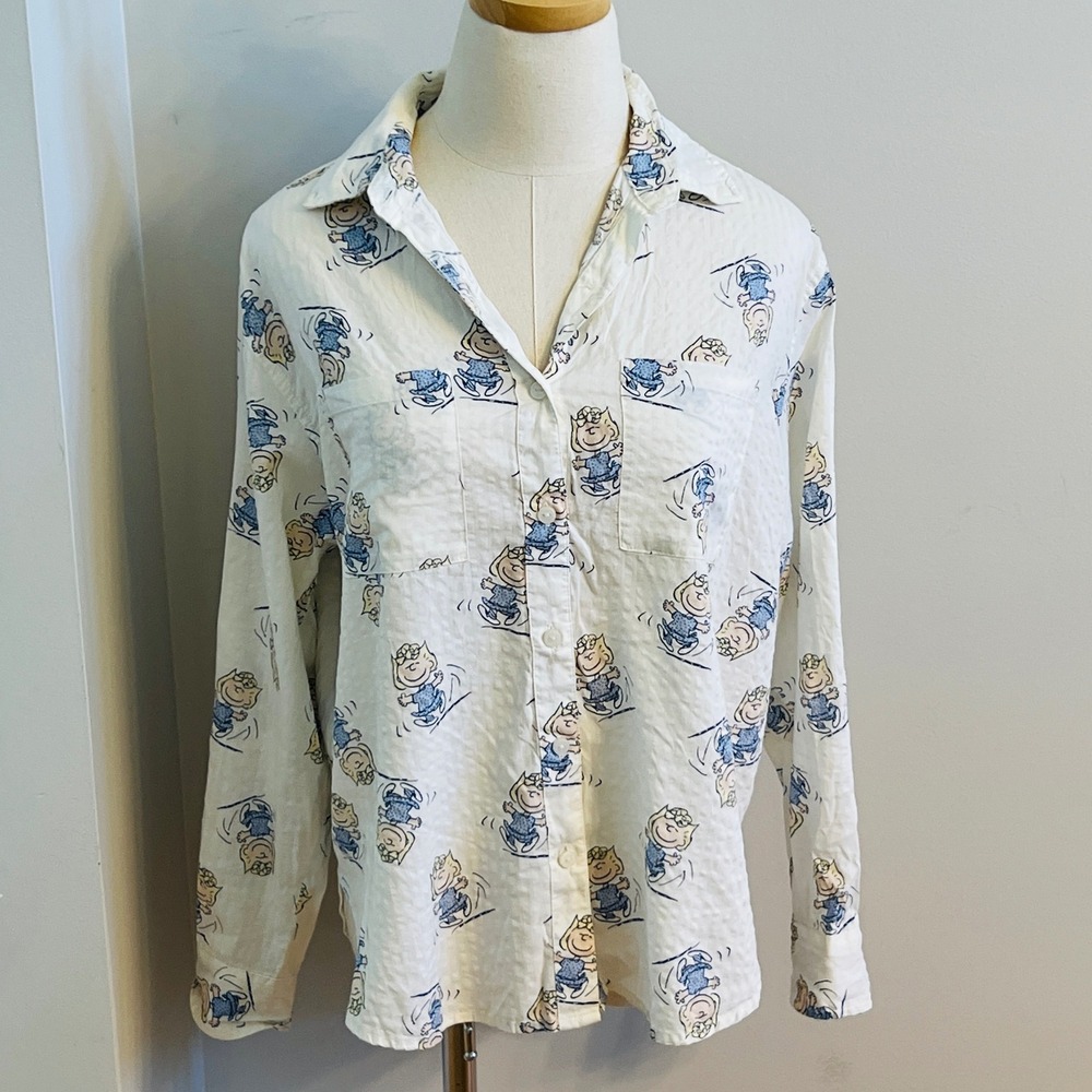 Aerie Peanuts Sally Brown Button Down Oversized Shirt White Cotton Modal XXS